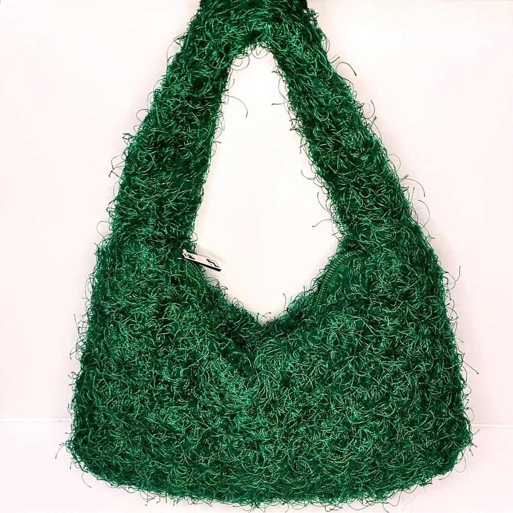 TEXTURED GREEN KNIT MINI HOBO HANDBAG SOFT STATEMENT PURSE